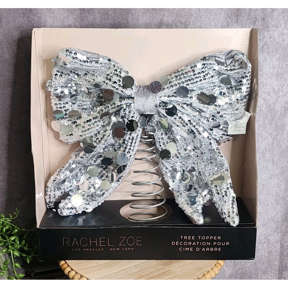 Rachel Zoe Silver Sequin Bow Christmas Tree Topper 11.5" Holiday Decor Bling NEW